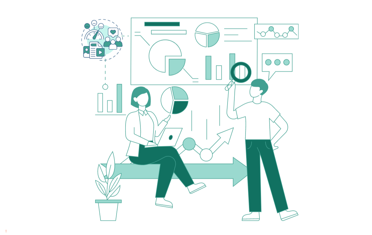 Picture which depicts two individuals scrutinising their customer experience dashboard data