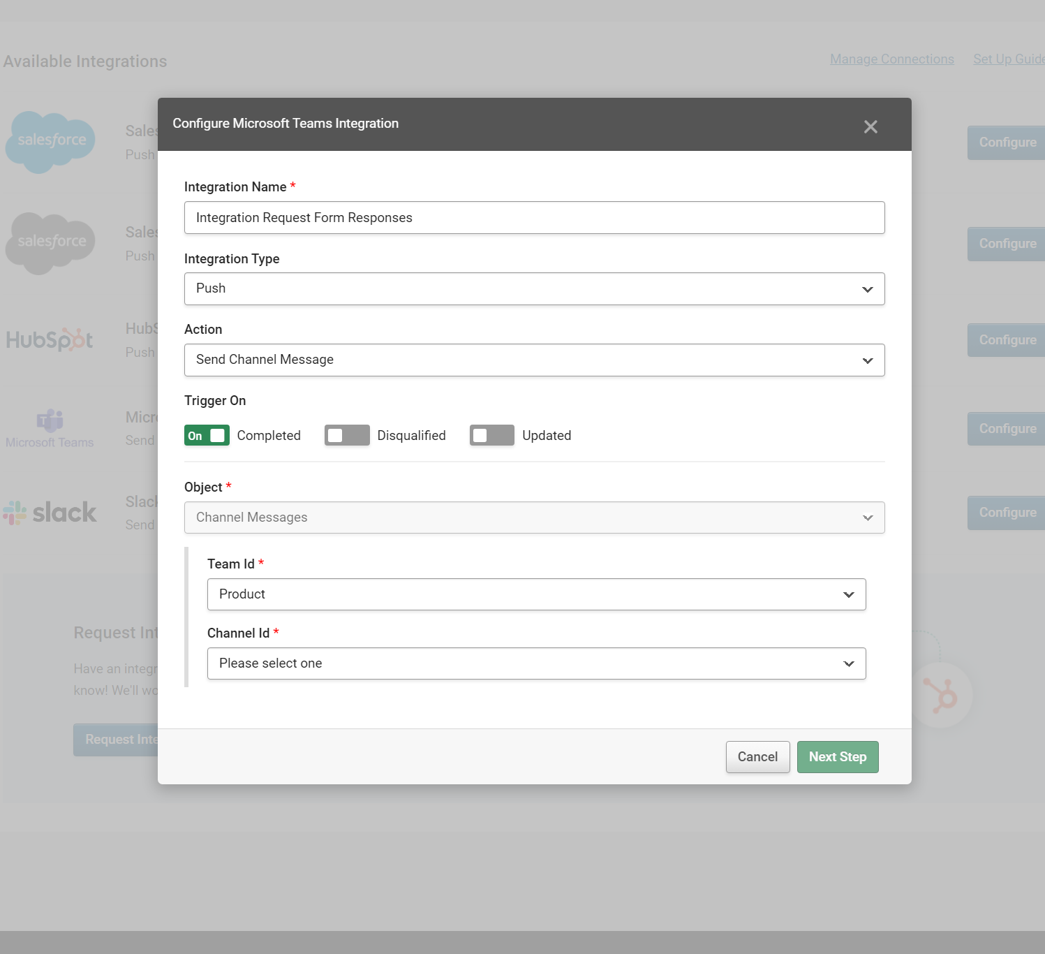Image showing the integrations listing