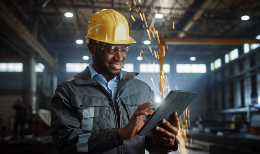 An employee enters feedback onto a laptop, with a backdrop of an engineering setting