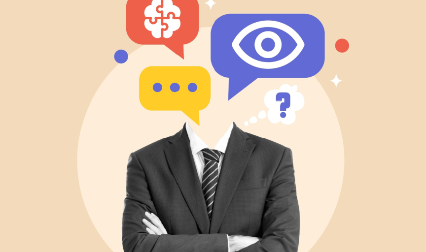 Illustration of an employee with various interaction symbols hovering around the head, to illustrate the concept of an employee engagement survey