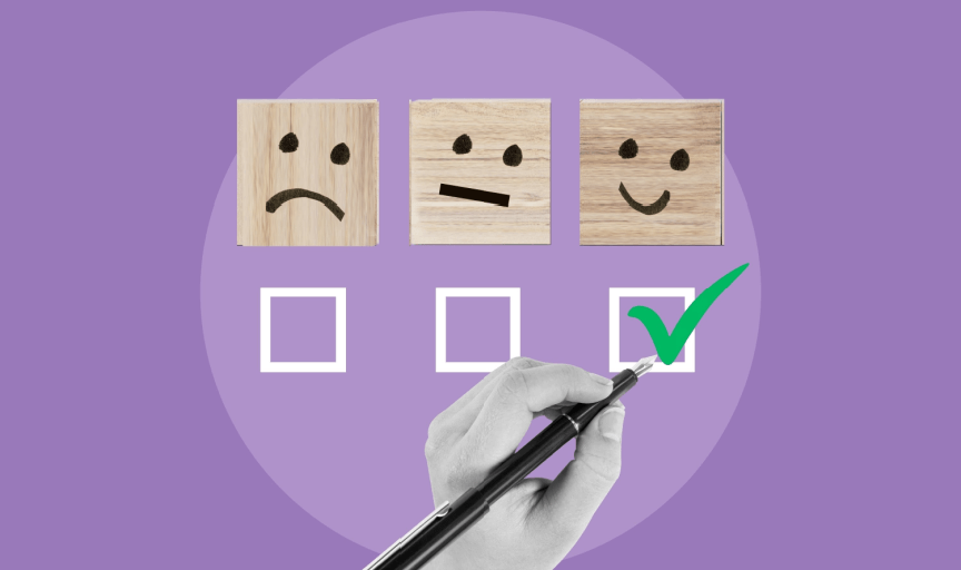 A hand holding a pen ticks an NPS survey in the positive box, leaving the negative and neutral boxes un-checked