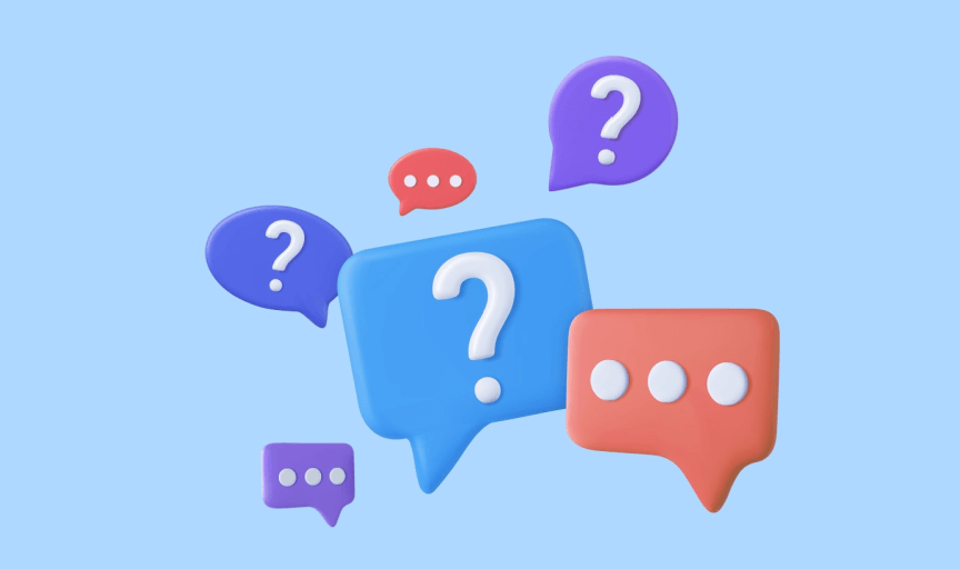 Illustration of speech bubbles and question marks to illustrate the concept of structured and unstructured questions