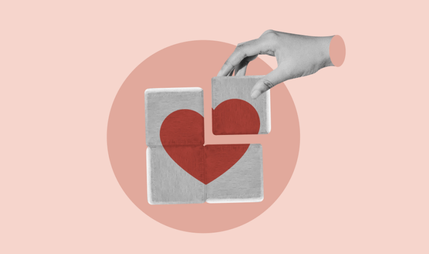 Image of a heart printed on wooden blocks, with one piece being removed, to illustrate the concept of the Customer Exit Survey
